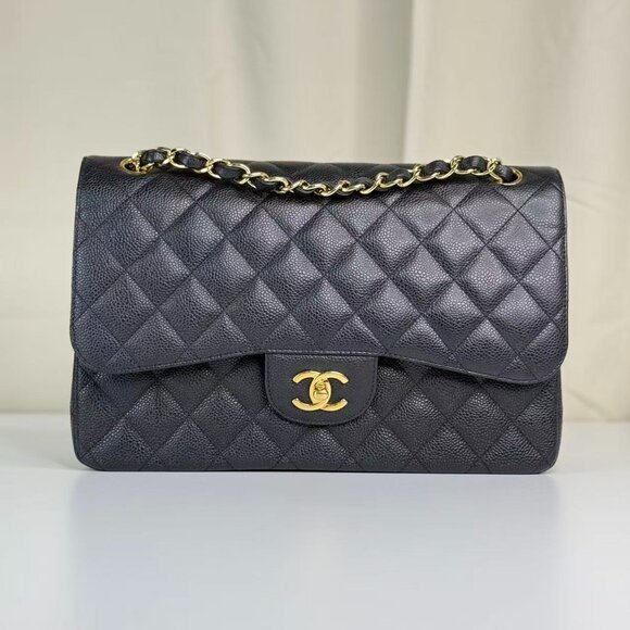 Chanel Black Caviar Jumbo Classic Flap Shoulder Bag with Gold Chain Strap - Picture 2 of 9